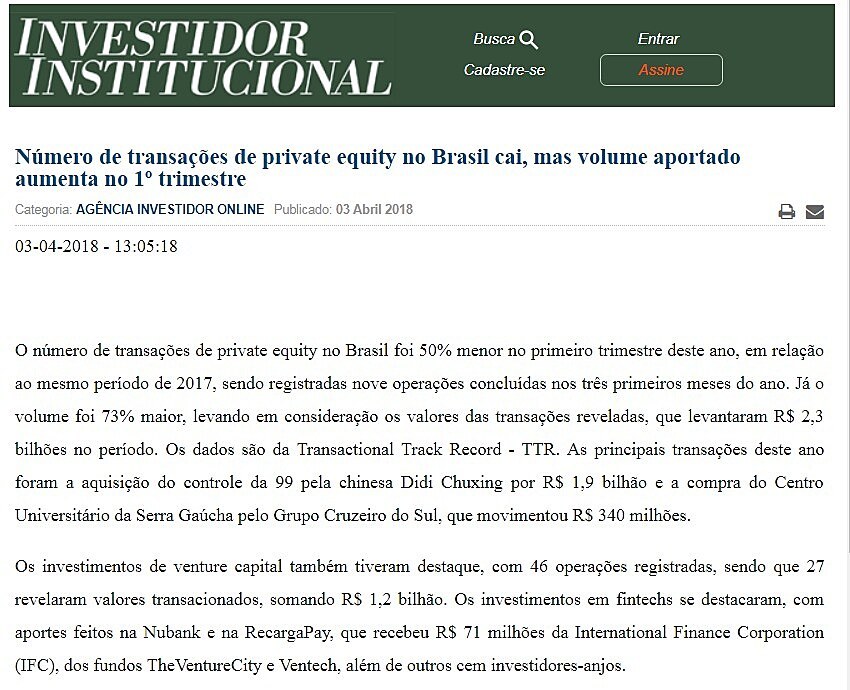 Nmero de transaes de private equity no Brasil cai, mas volume aportado aumenta no 1 trimestre